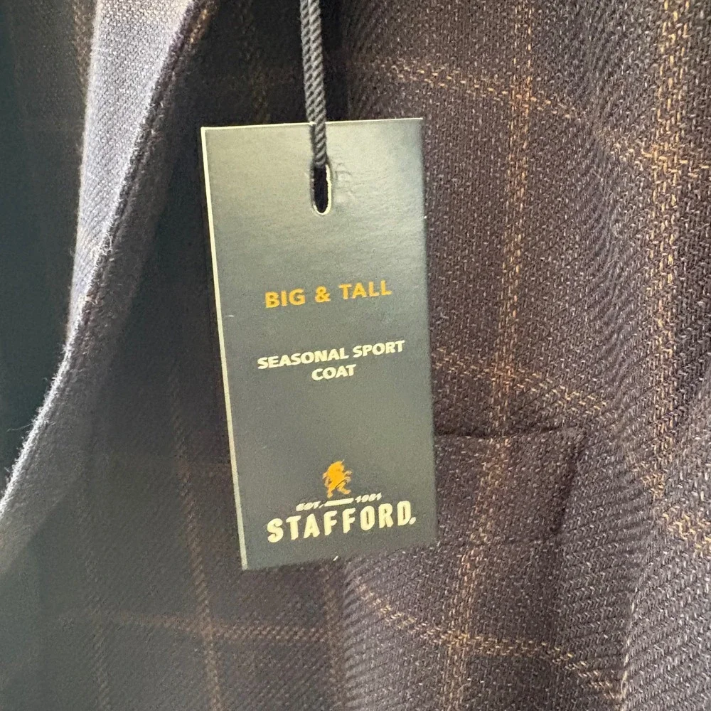 Stafford Big‎ & Tall Navy Windowpane Wool Blend Sport Coat Blazer 56R New